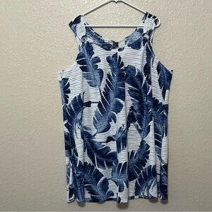 Pacific Beach Blue Tropical Leaf Print Sleeveless Beach Cover-Up